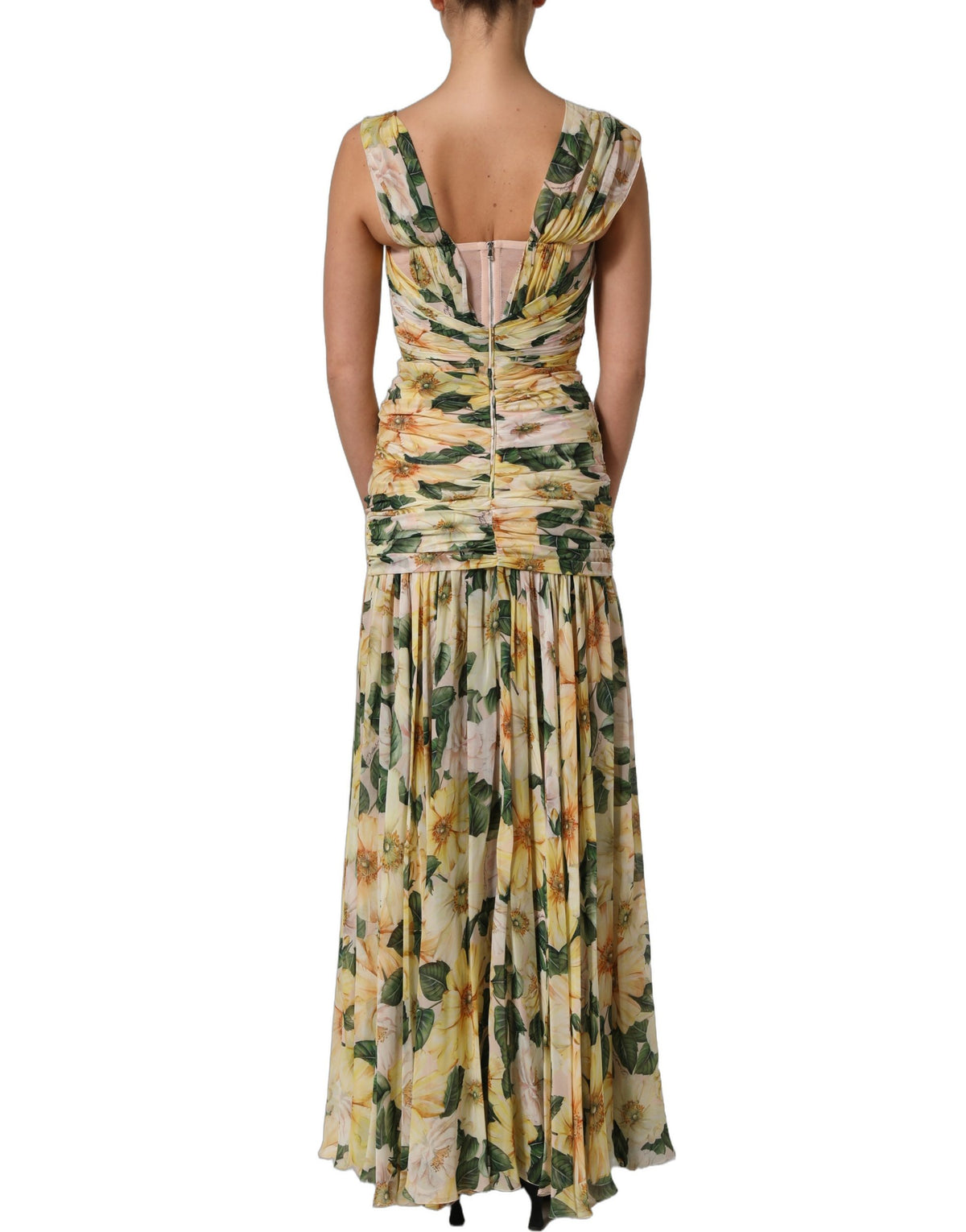 Yellow Floral Print Silk Pleated Maxi Dress