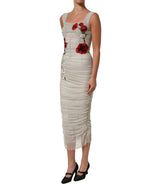 Light Gray Rose Embroidery Sheath Midi Dress