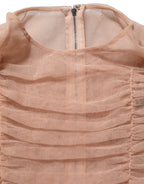 Beige Cotton Mesh Ruched Sheath Midi Dress