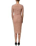 Beige Cotton Mesh Ruched Sheath Midi Dress