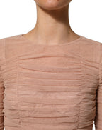 Beige Cotton Mesh Ruched Sheath Midi Dress