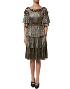 Metallic Gold Embellished Tiered Midi Dress