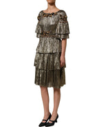 Metallic Gold Embellished Tiered Midi Dress