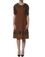 Brown Wool Rhinestone Embellished Midi Dress