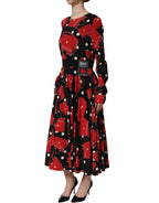 Black Handbag Print Long Sleeve Midi Dress