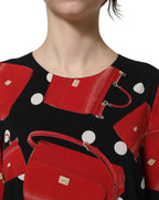 Black Handbag Print Long Sleeve Midi Dress