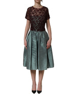 Multicolor Floral Lace Taffeta Pleated Midi Dress