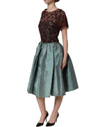 Multicolor Floral Lace Taffeta Pleated Midi Dress
