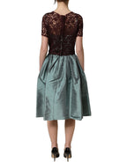 Multicolor Floral Lace Taffeta Pleated Midi Dress