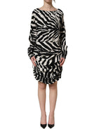 Black White Zebra Ruched Silk Mini Dress