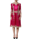 Fuchsia Pink Lace Detail A-line Midi Dress