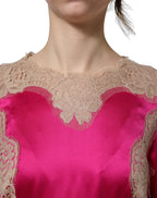 Fuchsia Pink Lace Detail A-line Midi Dress