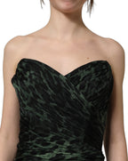 Green Leopard Print Bustier Draped Midi Dress