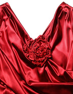 Red Silk Satin Draped Midi Floral Applique Dress