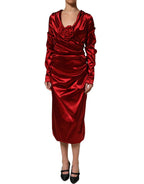 Red Silk Satin Draped Midi Floral Applique Dress