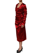 Red Silk Satin Draped Midi Floral Applique Dress