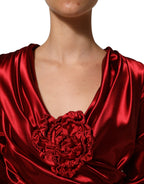 Red Silk Satin Draped Midi Floral Applique Dress