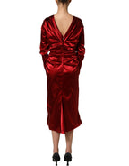 Red Silk Satin Draped Midi Floral Applique Dress