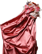 Pink Draped Midi Flower Appliques Dress