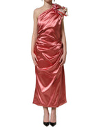 Pink Draped Midi Flower Appliques Dress