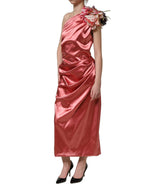 Pink Draped Midi Flower Appliques Dress