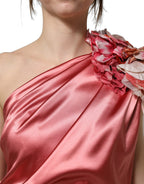 Pink Draped Midi Flower Appliques Dress