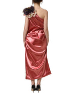 Pink Draped Midi Flower Appliques Dress