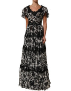 Black Silk Floral Lace Ricamo Ball Maxi Dress