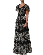 Black Silk Floral Lace Ricamo Ball Maxi Dress