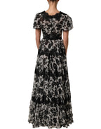 Black Silk Floral Lace Ricamo Ball Maxi Dress