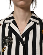 Black White Striped Embellished Coat Jacket