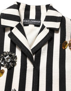 Black White Striped Embellished Coat Jacket
