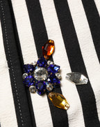 Black White Striped Embellished Coat Jacket
