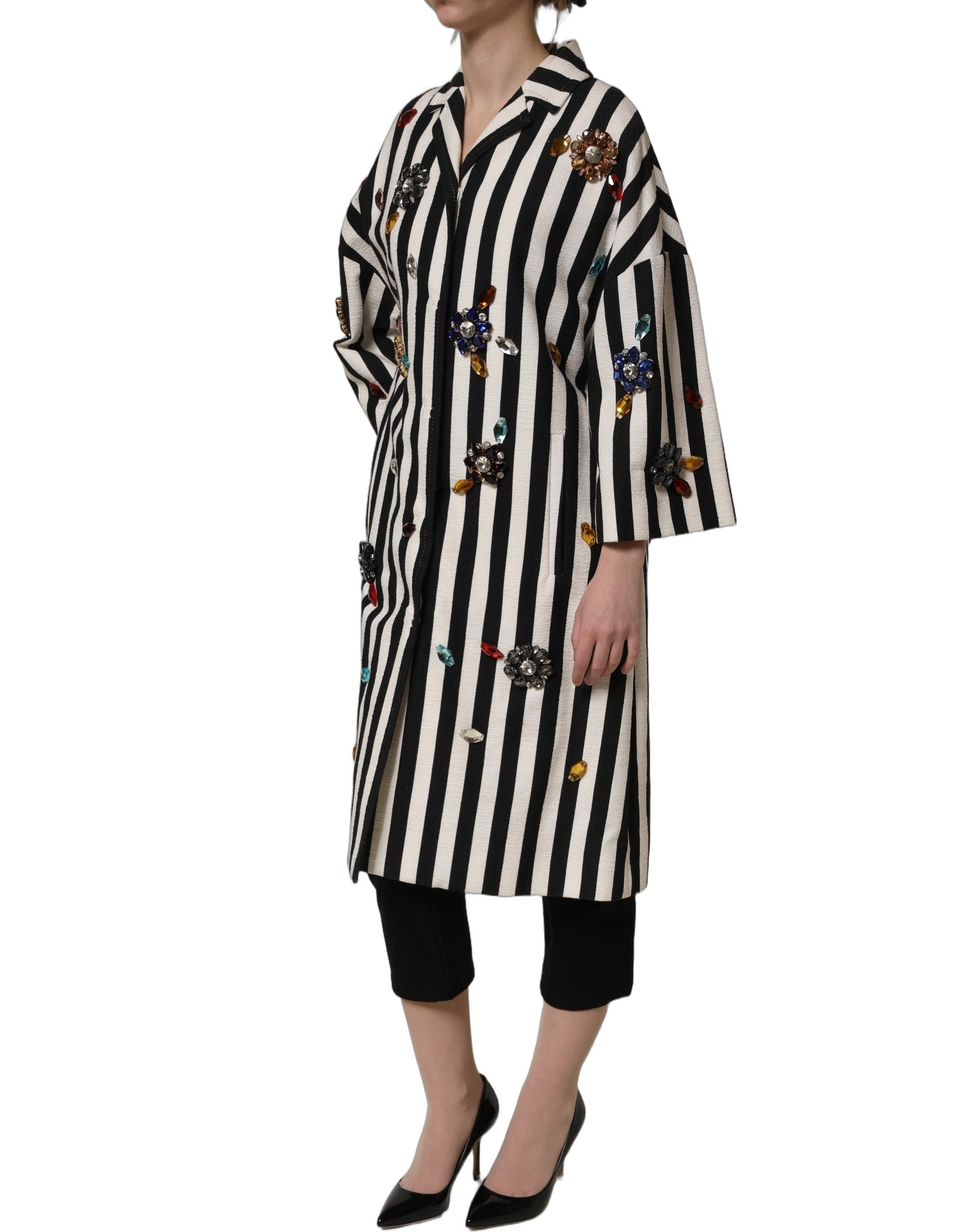 Black White Striped Embellished Coat Jacket