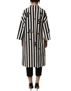 Black White Striped Embellished Coat Jacket
