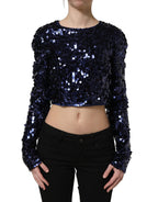 Blue Sequined Long Sleeves Crop Blouse Top
