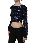 Blue Sequined Long Sleeves Crop Blouse Top
