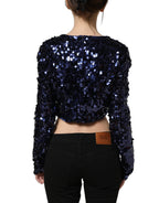 Blue Sequined Long Sleeves Crop Blouse Top