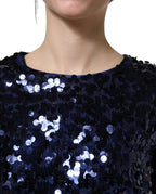 Blue Sequined Long Sleeves Crop Blouse Top