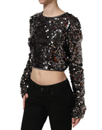 Black Sequined Long Sleeves Crop Blouse Top