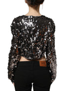 Black Sequined Long Sleeves Crop Blouse Top