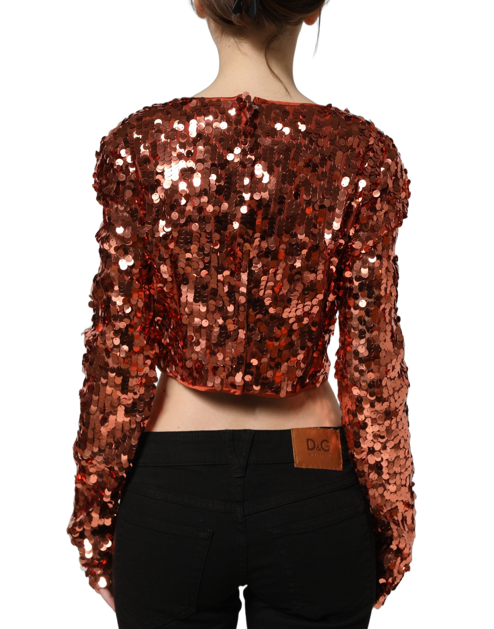 Red Sequined Long Sleeves Crop Blouse Top