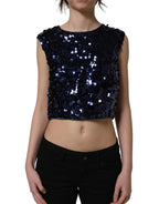 Blue Sequined Sleeveless Cropped Tank Top