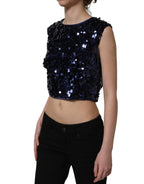 Blue Sequined Sleeveless Cropped Tank Top