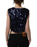 Blue Sequined Sleeveless Cropped Tank Top