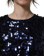 Blue Sequined Sleeveless Cropped Tank Top