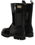 Black Patchwork Leather Mid Calf Boots Shoes