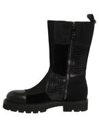 Black Patchwork Leather Mid Calf Boots Shoes