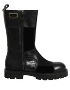 Black Patchwork Leather Mid Calf Boots Shoes