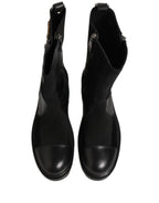 Black Patchwork Leather Mid Calf Boots Shoes